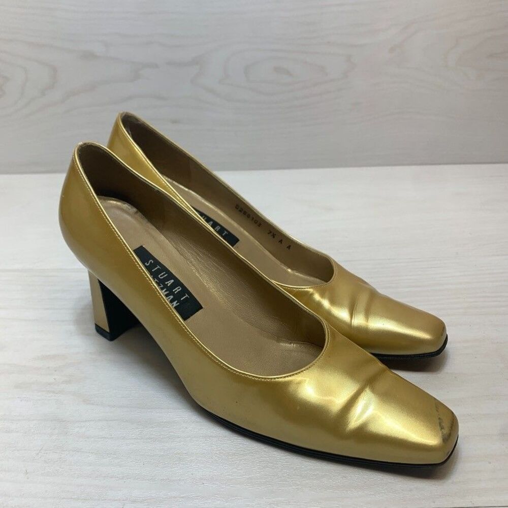 Stuart Weitzman Vintage Gold Shiny Leather Square Top Slip On‎ Pumps Size 7.5 AA